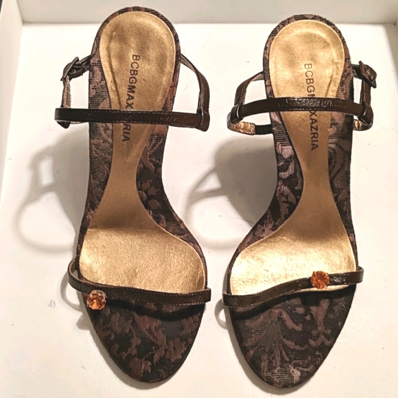 BCBGMaxAzria Brown Leather Orange Crystal Sandals - Picture 1 of 7